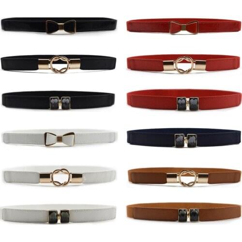 Women Ladies Skinny Ring Bow Buckle Belt Faux Leather Stretchy Dress Waistband BLTHG0003
