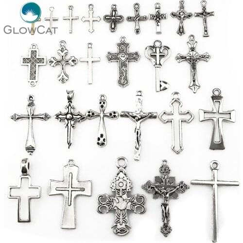 MIX 26pcs/lot Vintage Silver Zinc Alloy Jesus Cross Pendant Religious Faith Charm Frame Jewelry Finding Making 22401