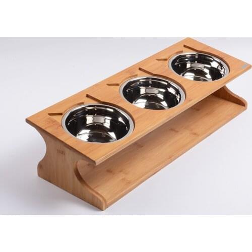 Solid wood Pet dining table bowl Pet wooden Tilted Feeders Dog cat Anti-slip three Bowl Cat Dish with Slope stand CW122