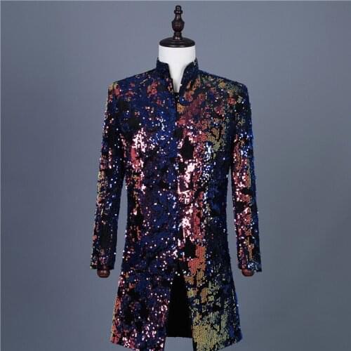 Mens Color Sequined Mid-Length Blazer Suit Male Singer outfit Costume Punk Style Ds Dj Outerwear Nightclub Clothing XS2130