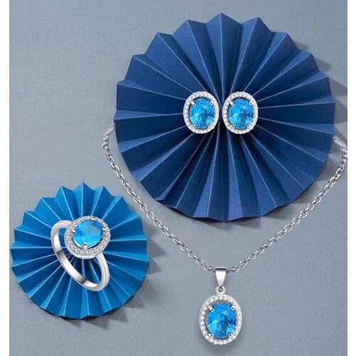 ROLILASON Blue Small Fresh Zircon Earrings / Necklace / Ring / Jewelry Set Charming Anniversary Gift JS786