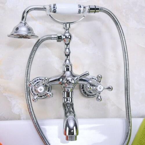 Polished Chrome Brass Double Cross Handles Wall Mounted Bathroom Clawfoot Bathtub Tub Faucet Mixer Tap w/Hand Shower ana196
