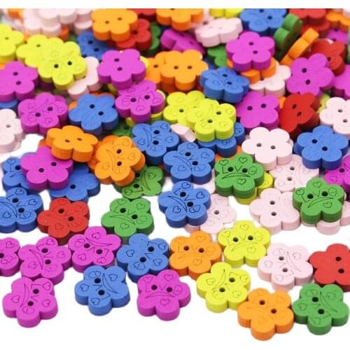 Multicolor Flower Wood Buttons For Sewing Craft Randomly Mixed 2 Holes Button 1.5CM Wooden Buttons Botones Wholesales 100Pcs