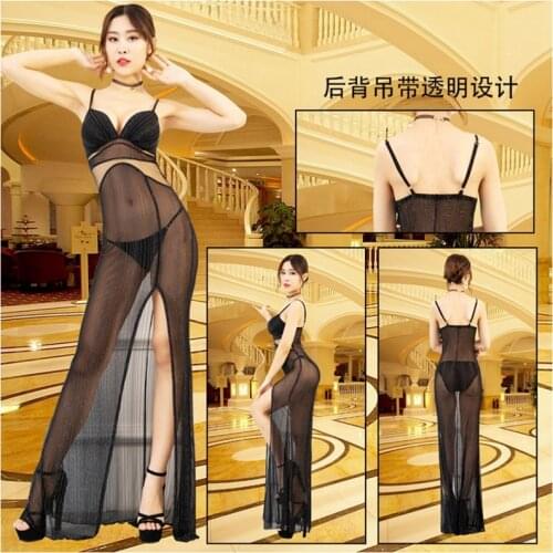 Sexy Black Mesh See Through Fit And Flare Dress Backless Porno Evening Transparent Maxi Dress Deep V Split Hem Erotic Dresses
