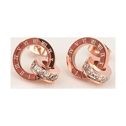 Classic Luxury Jewelry Rose Gold Color Roman Numerals Two Circles Stud Earrings Stainless Steel Zirconia Round Earing No Fade