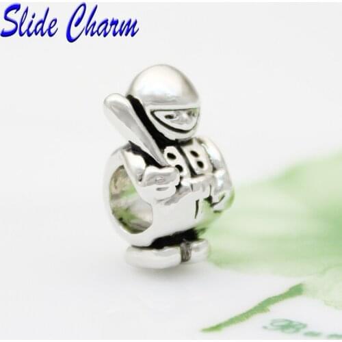 Slide charm Free shipping The best Christmas gift 2016 baseball players beads fit Pandora bracelets charm bracelets and