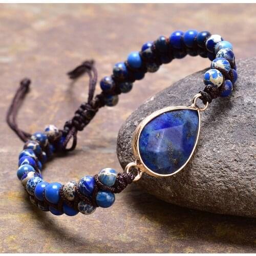 Blue Natural Stone and Lapis Lazuli Beaded Woven Dainty Bracelet for Women Man Handmade Rope Braided Best Friend Charm Bracelet