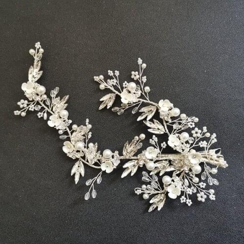 SLBRIDAL Handmade Rhinestones Crystal Pearls Ceram Flower Leaf Bridal Hair Clip Barrettes Wedding Hair Accessories Women Jewelry