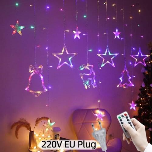 LED 220V EU Plug Christmas Star Bells Deer Garland Curtain Lights Fairy Light For New Year Party Bar Wedding Holiday Decor