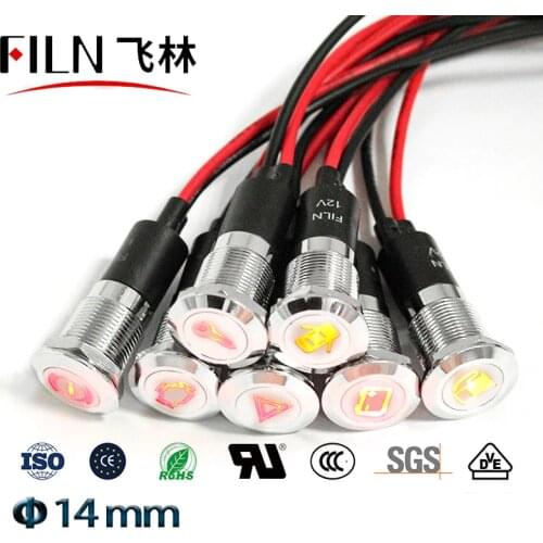FILN 14mm panel hole led lights car applicance symbol indicator lights 24v led red green indicator light with wire