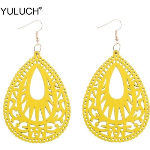 YULUCH Fashion Pop Women Jewelry Hollow Wooden Big Water Drop Earrings For Women Vintage Ethnic African Indian Pendant Earrings