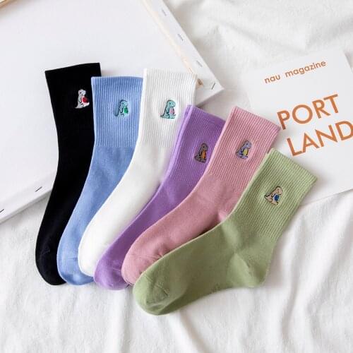 Women Cartoon Socks Cute Animal Dinosaur Embroidery Black Socks Autumn Winter Funny Comfortable Japan Style Fashion Cotton Socks
