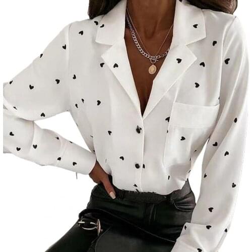 Women Shirt Lapel Heart Printing Women Office Style Lightweight T-shirt for Date Blouses Shirt Femme