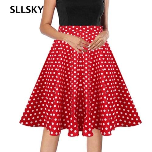 SLLSKY Casual Fashion Dot Printted Women Skirts High Waist Side Zipper Female Skirt 2021 Summer New Big Hem Ladys A-Line Skirt