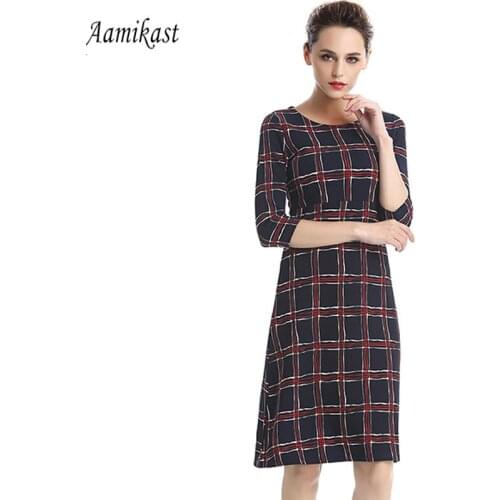 AAMIKAST Women Dresses O-neck Three Quarter Fit And Flare Spring Autumn Casusal Party Cocktail Print Dresses S M L XL XXL XXXL