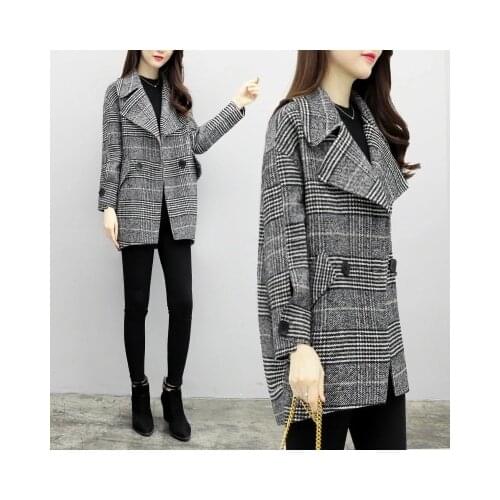 Women Plaid Blazers and Jackets Suit Ladies Autumn New Long Sleeve Double-breasted style loose fashion suit woolen coat female