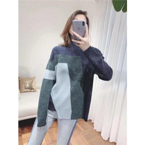 2021 Spring Summer Pullover Sweater Runway Design Knitted Color Patchwork Fashion Cashmere Women High Quality Sweater