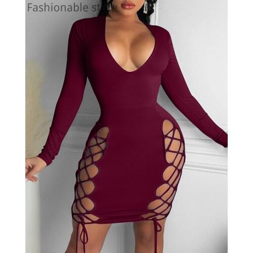 Women V-Neck Hollow Lace Up Long Sleeve Bodycon Dress