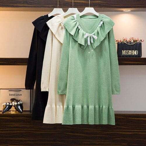 2021 Fall New Plus Size Dresses Womens Fat And Thin Sweater Sweater Skirt Knitted Bottoming Dress Trend Long-Sleeved V-Neck