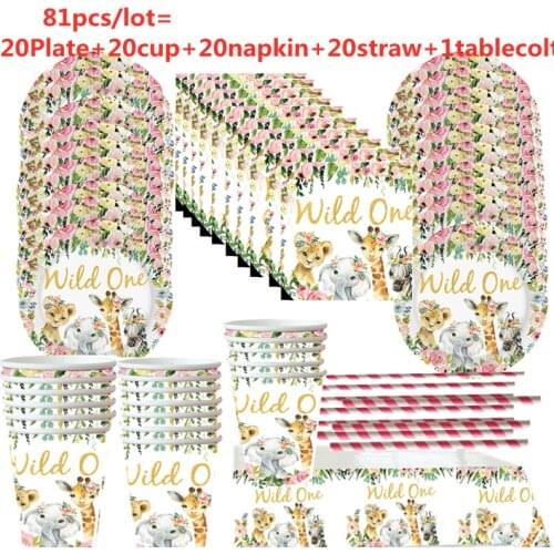 1set Pink Wild One Party Disposable Safari Jungle Tableware Cups 20people use Kids Party Birthday First 1st Birthday Supplies