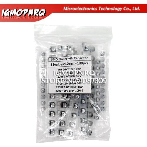 130pcs 1uF-220uF SMD Aluminum Electrolytic Capacitor Assorted Kit Set, 13values*10pcs=130pcs Samples Kit