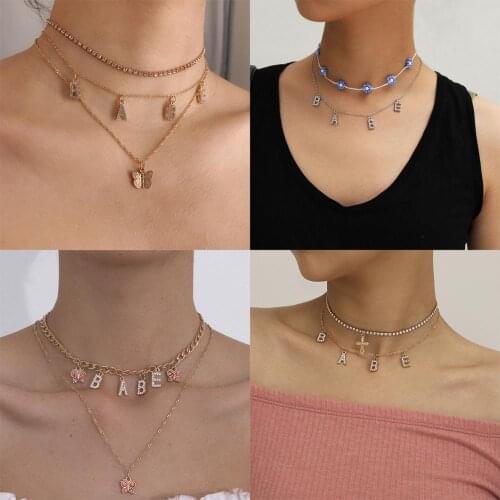 2020 Fashion Sexy Crystal BABE Letter Choker Necklace Collares Multi Layer Cross Butterfly Pendant Chain Necklace Women Jewelry
