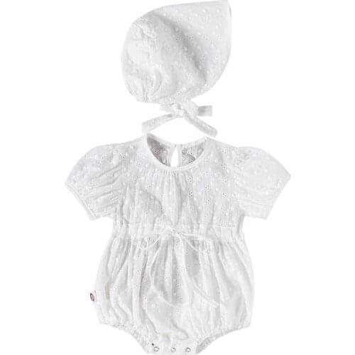 2021 0-24M Princess Baby Girl Playsuit+Hat White Solid Flower Hollow Puff Short Sleeve Tunic Romper Summer Sweet 2pcs For Party