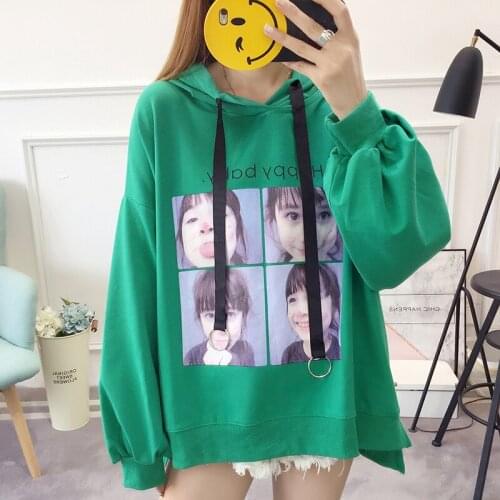 #2129 Spring Thin Cotton Printed Sweatshirts Ladies Plus Size Hoodies Loose Tops Female Side Split Long Sleeve Sweatshirt Femme