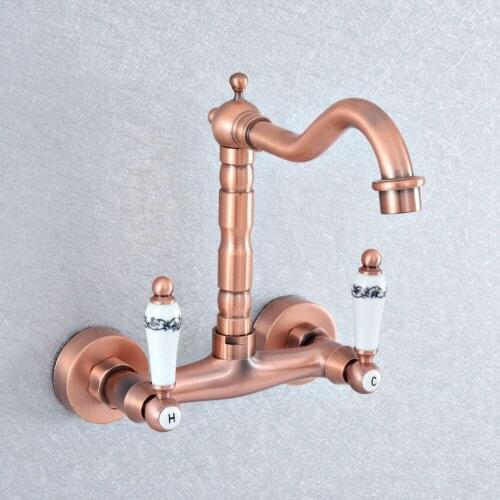 Antique Red Copper Bathroom Basin Swivel Spout Faucet Wall Mounted Dual Ceramic Handles Vessel Sink Mixer Taps zsf877