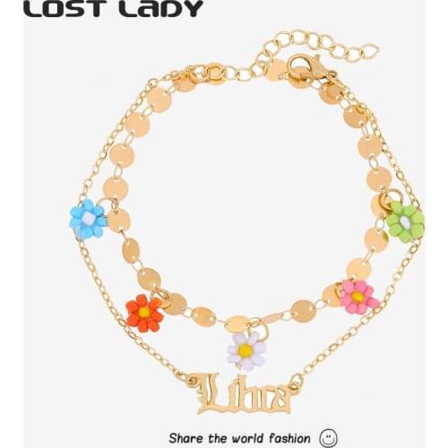 Lost Lady New Bohemian Sweet Gold Alloy Anklet Double-layer Chain Flower Letter Pendant Anklet Ladies Beach Jewelry Party Gifts