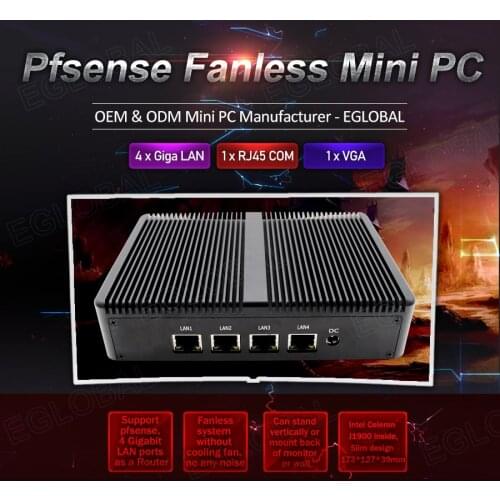 Eglobal Pfsense Fanless Mini PC Intel Celeron J1900 4*Intel WG82583 Gigabit RJ45 Lan Firewall Router Security Server Computer