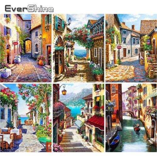 EverShine Full Square Diamond Mosaic Landscapae Diamond Painting Street Picture Rhinestones Embroidery Town DIY Wall Decor Home