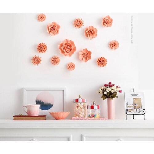 Chinese Orange Ceramic Peony Rose Flower Wall Hanging Home Livingroom Wall Sticker Decoration Cafe Store Lobby Wall Mural Crafts