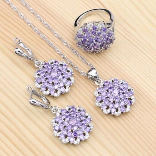 925 Silver Jewelry Kits For Women Purple Cubic Zirconia White Crystal Pendant Necklace Ring Earrings Silver Set