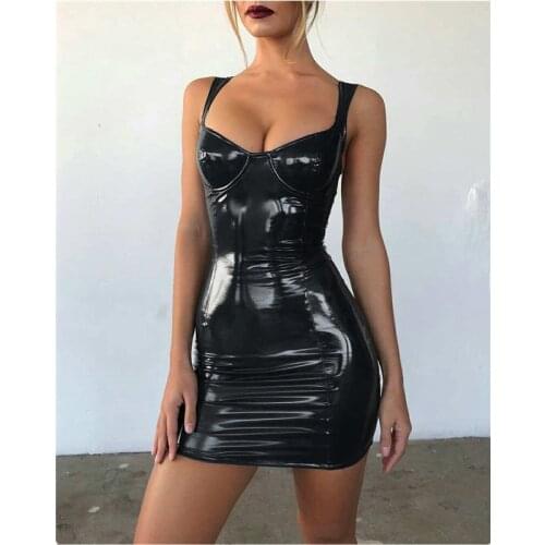 Faux Leather PVC Short Mini Dresses for Women Plus Size Black Pink PU Leather Bodycon Dress Ladies Sexy Party Club Dress Ddlg