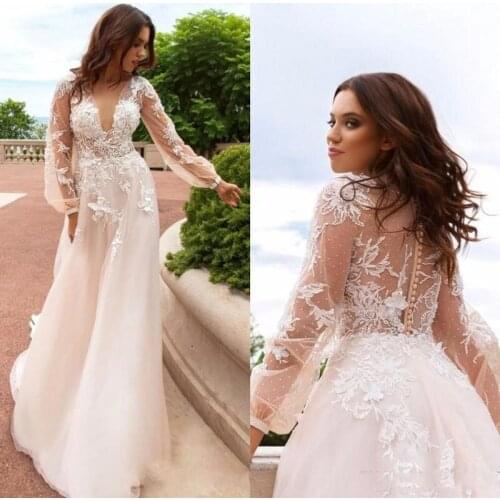 Lace Floral Vintage Beach Wedding Dresses 2020 Deep V-neck Long Sleeves Beaded Bridal Dresses