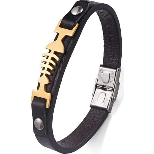 Fish Bone Bracelet Handmade Animal Leather Bracelets Clasps Men Male Wrist Band Jewelry Fathers Day Gift