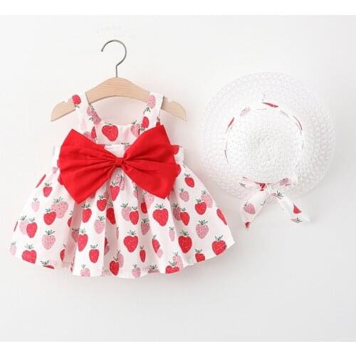 2021 New Baby Girl Dress Summer Casual Bow Print Dress with Hat 2 Piece Baby Clothes Suits Bohemia Newborn Infant Toddler Dress