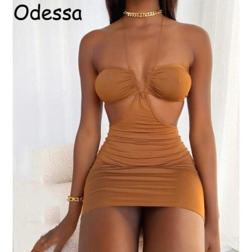 Odessa Brown Summer Fashion Sexy Halter Mini Dress For Women Y2K White Off Shoulder Hollow Cut Out Ruched Backless Party Dresses