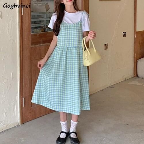 Sleeveless Dress Women Lace Up Plaid Printed Adjustable Pleated Graceful Spaghetti Strap Spring Female Mid-calf Dresses Preppy