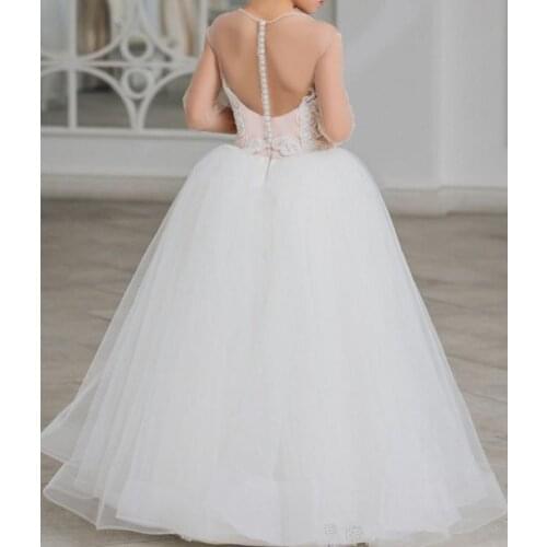 Sheer Long Sleeves Flower Girls Dresses For Wedding Sheer Neck Applique Sequins Beaded Top Bows Tulle First Communion Dress