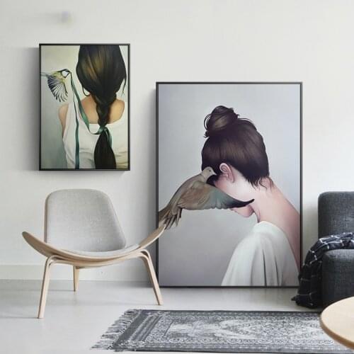 Nordic Style Girl and Bird Poster Canvas Painting Modern Wall Art Pictures for Corridor Living Room Bedroom Home Decoration