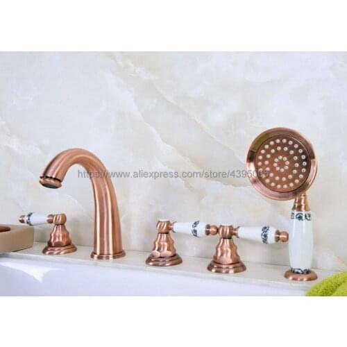 Deck Mounted 5 Hole 3 Handle Bathroom Bath Roman Tub Brass Basin Sink Mixer Faucet With Handshower Btf233