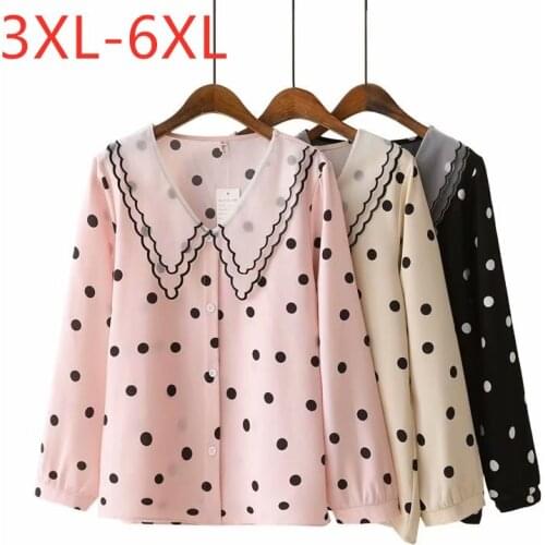 New 2021 Ladies Spring Autumn Plus Size Tops For Women Large Long Sleeve Loose Pink Black Dot Chiffon Shirt 3XL 4XL 5XL 6XL