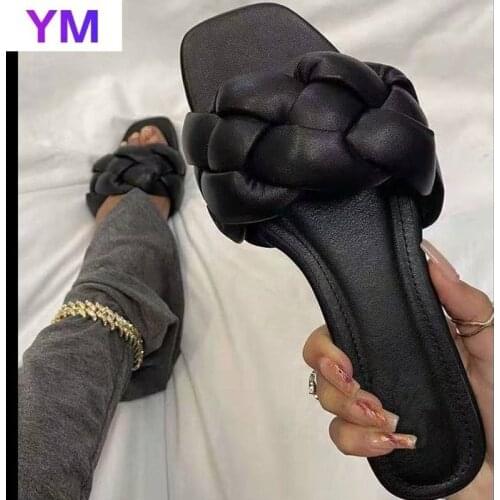 Hot SELL 2021 Newest Popular Lattice Leather Womens Slippers Summer Outdoors Vintage Square Toe Flats Shoes Casual Beach Sandals