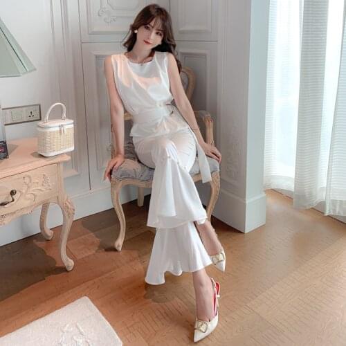 2020 White Sleeveless Belt Tops and Long Bell-bottoms Pants Suit Autumn High-end Women Suit Casual Elegant Office 2 Pieces Set