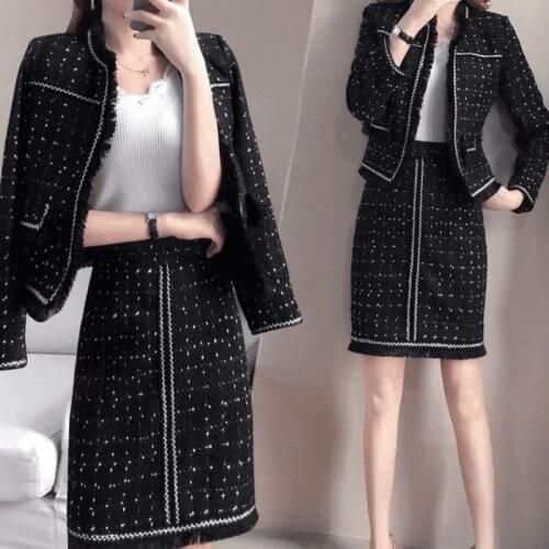 Luxury Women 2 Two Piece Set Office Lady Formal Work Black Cotton Tweed Slim Jacket Coat Fringe A Line Mini Skirt Suits Clothes