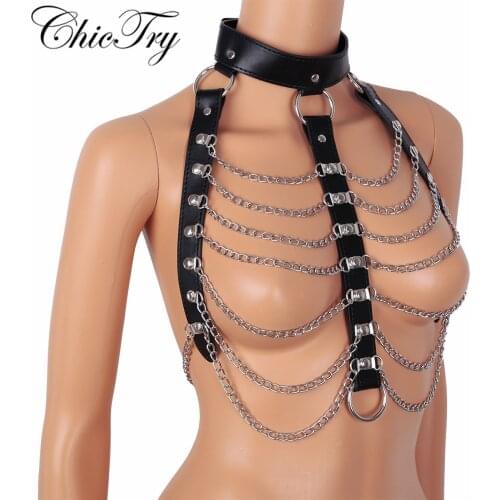 Hot Sale Unisex Imitation Leather Punk Gothic Halter Neck Body Metal Chain Tassel Chest Harness Cosplay Costumes Belt with Lock