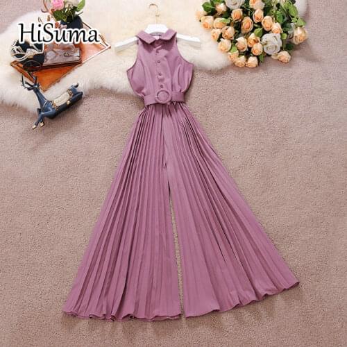 2021 summer new women stand collar single breasted sleeveless chiffon pleated jumpsuit female chic waist Wide leg bodysuit