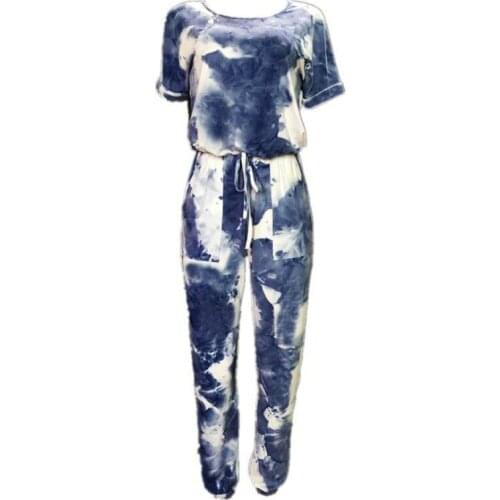 Womens sets Jumpsuit Tie Dye Pattern Back Button Design Loose Short Sleeve Waist Drawing Straps Round Neck Romper Sleepwear
